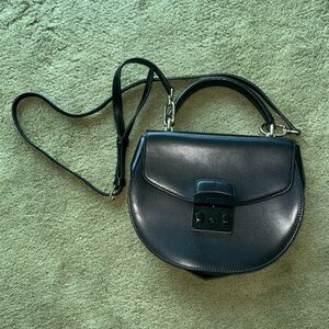 Furla Black Leather Half-Moon Crossbody with Top Handle